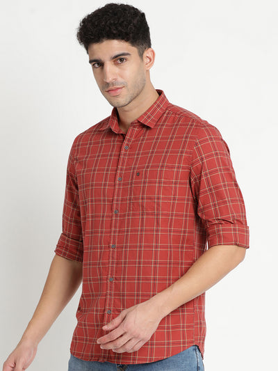 100% Cotton Maroon Checkered Slim Fit Full Sleeve Casual Shirt