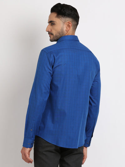 100% Cotton Blue Checkered Slim Fit Full Sleeve Formal Shirt
