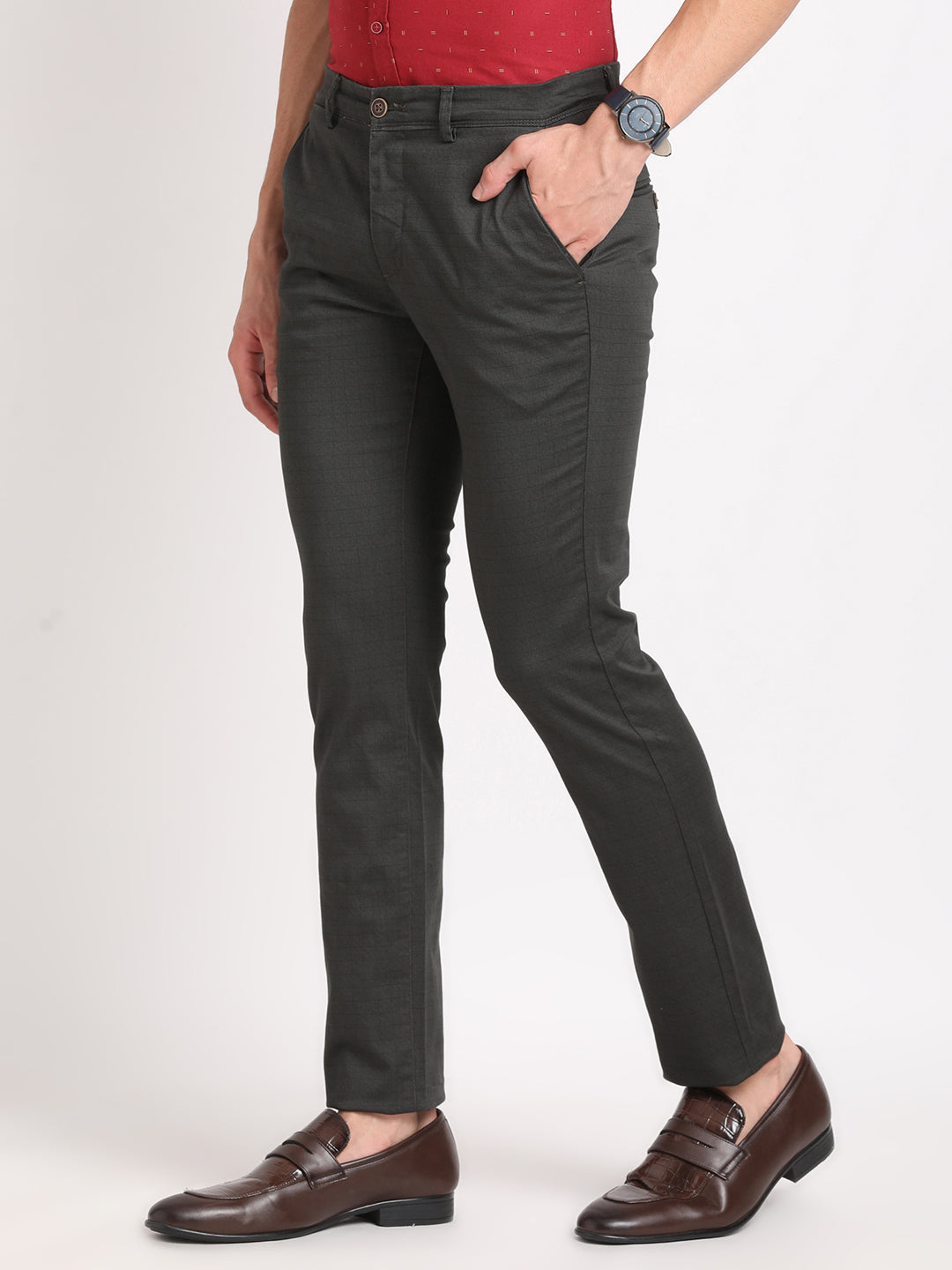 Cotton Stretch Dark Grey Printed Narrow Fit Flat Front Casual Trouser