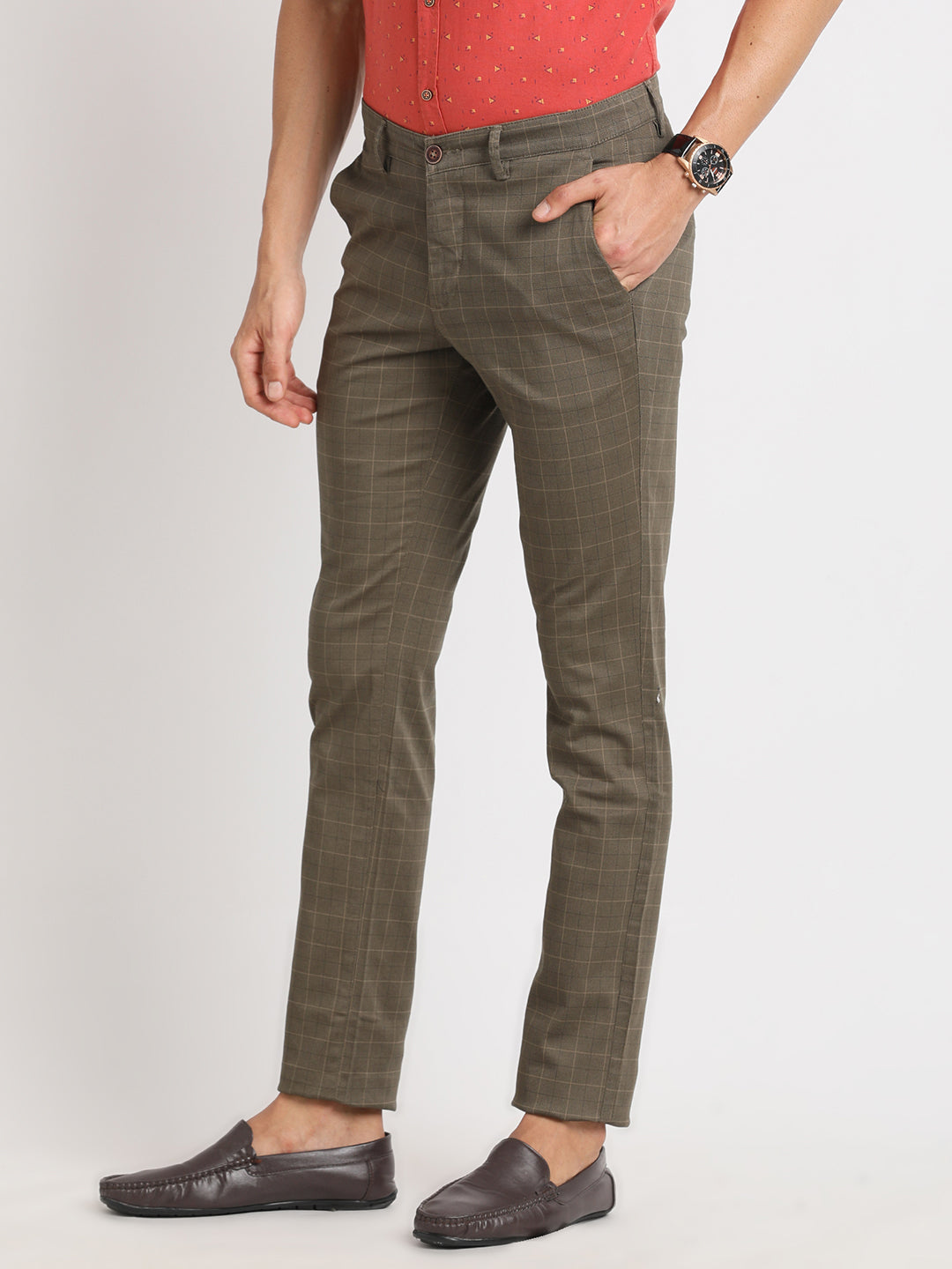 Cotton Stretch Brown Checkered Narrow Fit Flat Front Casual Trouser