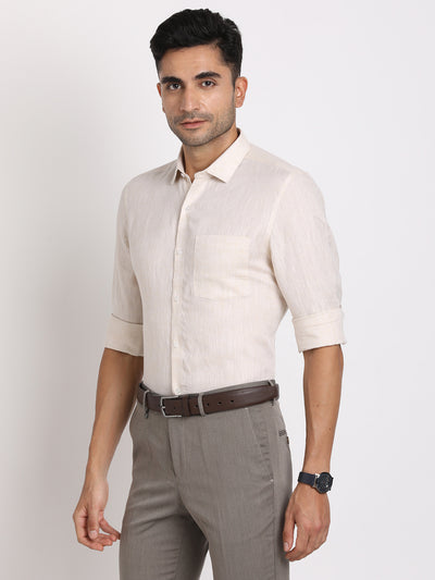 Pure Linen Beige Plain Slim Fit Full Sleeve Formal Shirt