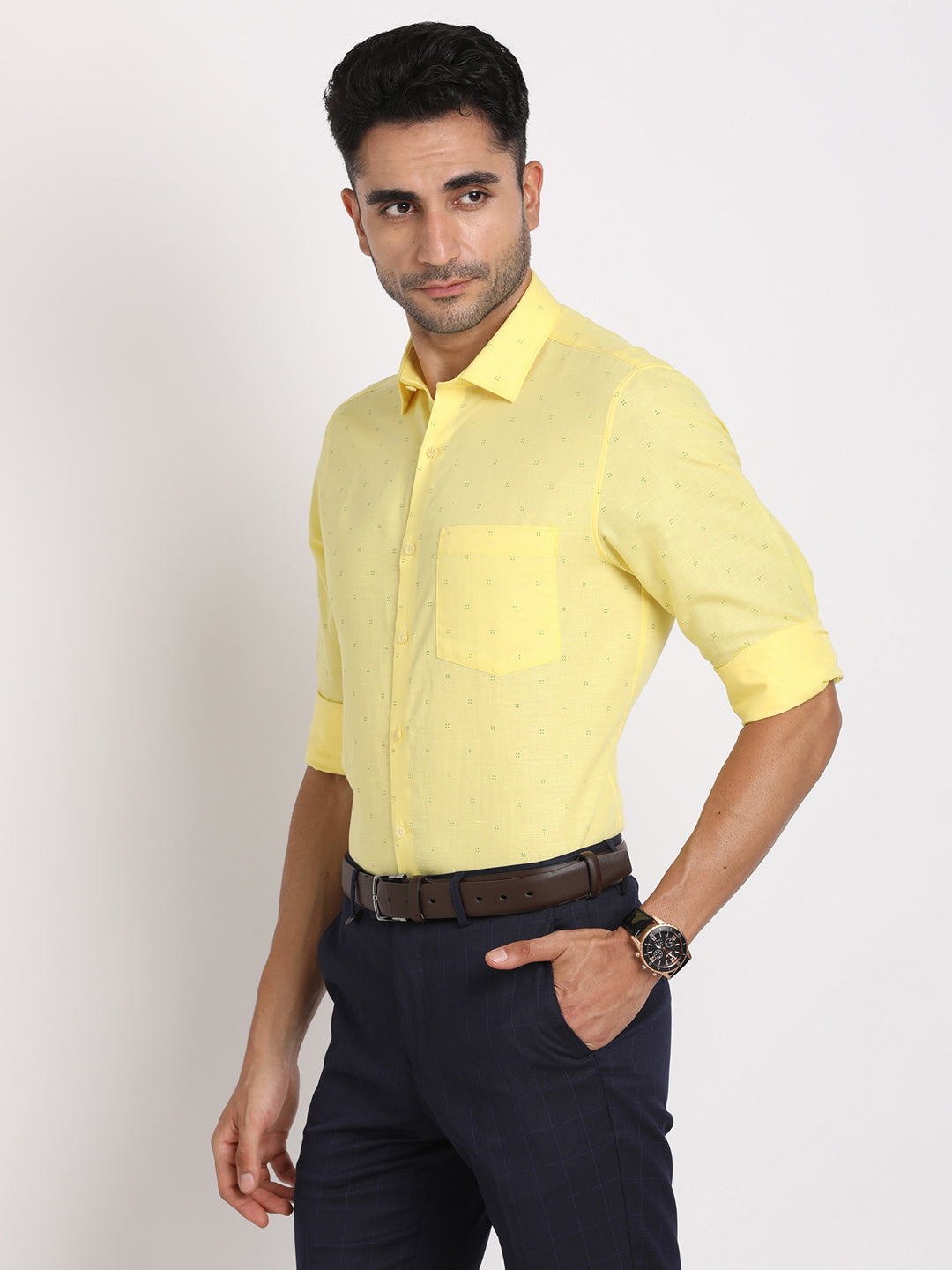 Cotton Linen Yellow Printed Slim Fit Full Sleeve Formal Shirt