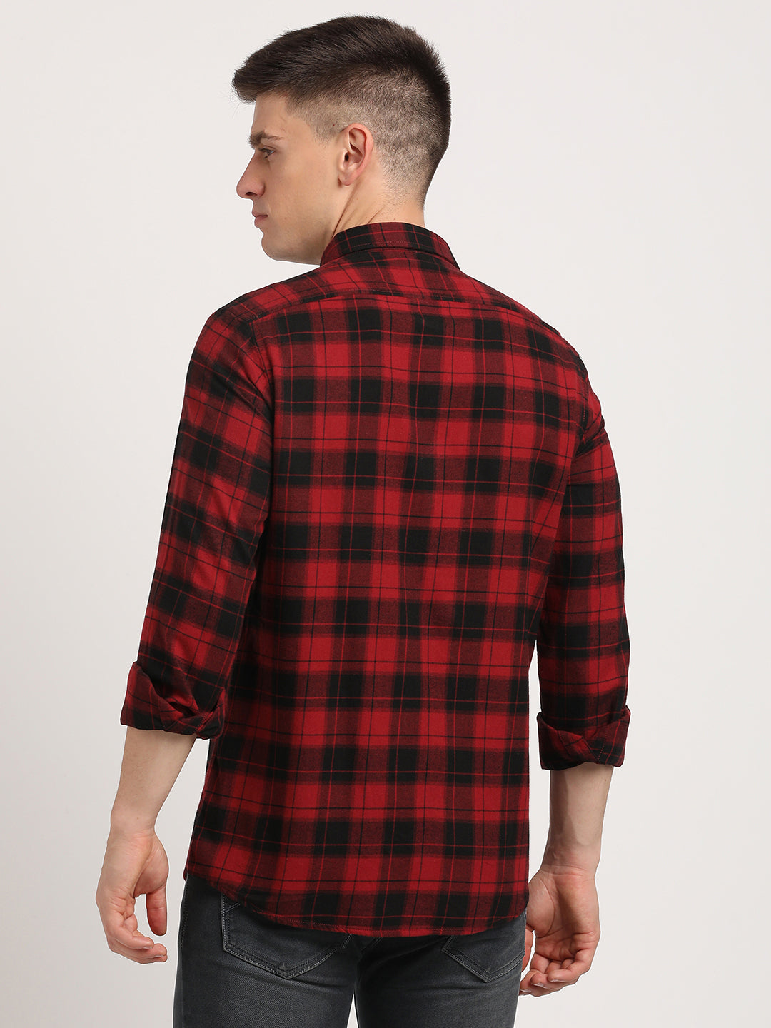 Cotton Lyocell Red Checkered Slim Fit Full Sleeve Casual Shirt