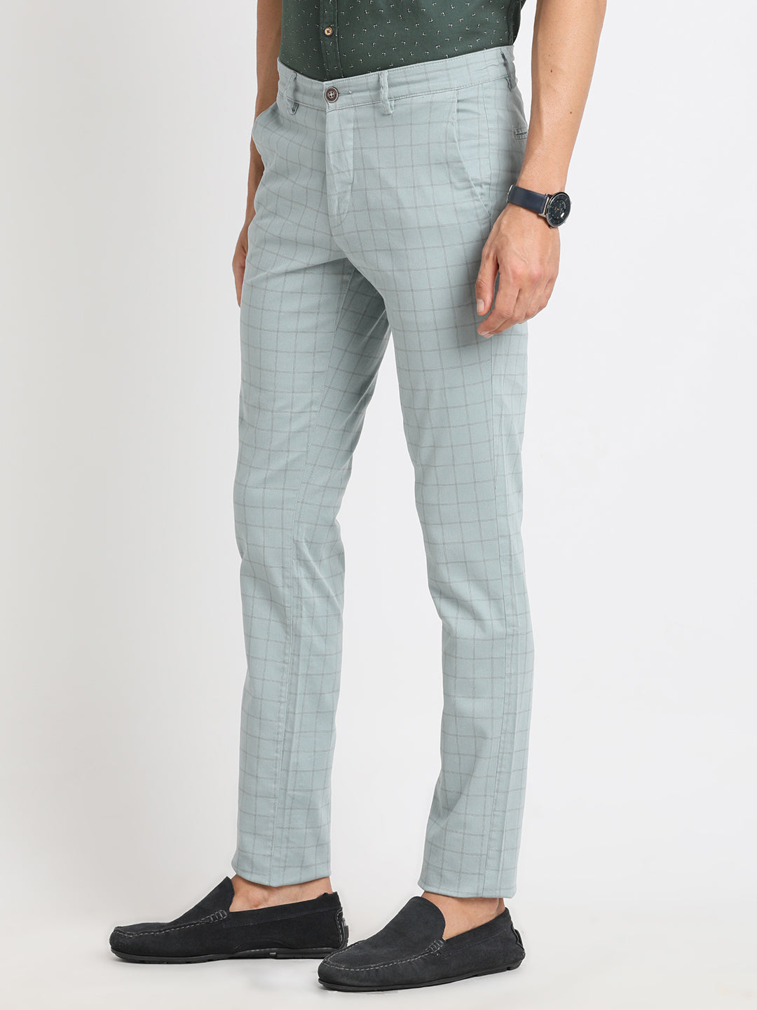 Cotton Stretch Light Blue Checkered Narrow Fit Flat Front Casual Trouser