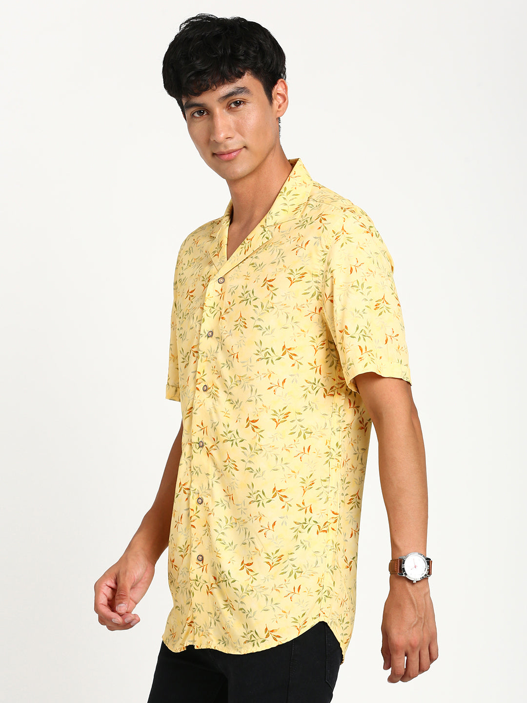 Cotton Yellow Printed Slim Fit Half Sleeve Casual Shirt