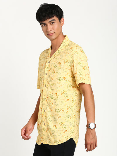 Cotton Yellow Printed Slim Fit Half Sleeve Casual Shirt