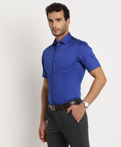 100% Cotton Blue Plain Regular Fit Half Sleeve Formal Shirt