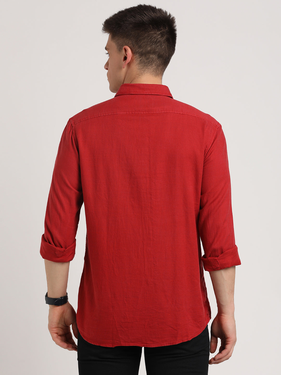 Cotton Lyocell Red Plain Slim Fit Full Sleeve Casual Shirt