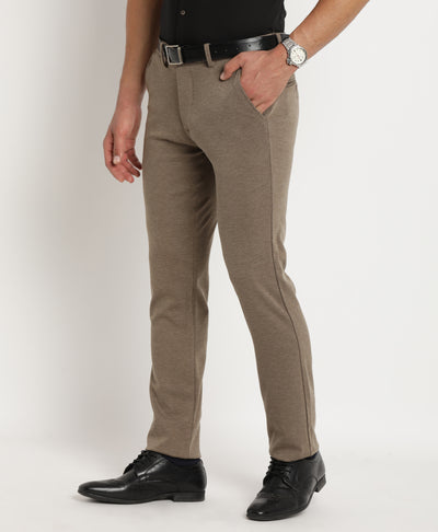 Cotton Brown Plain Ultra Slim Fit Flat Front Casual Trouser