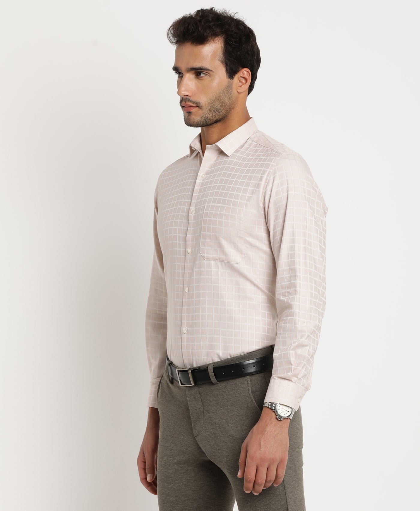 Giza Cotton Beige Checkered Regular Fit Full Sleeve Formal Shirt