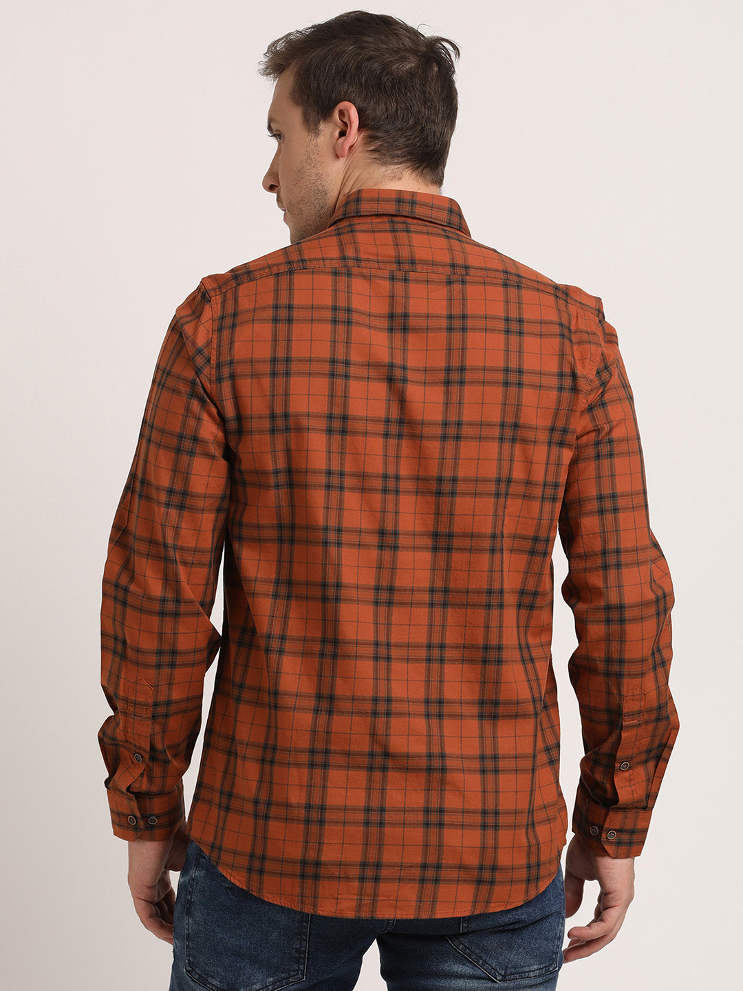 100% Cotton Orange Checkered Slim Fit Full Sleeve Casual Shirt