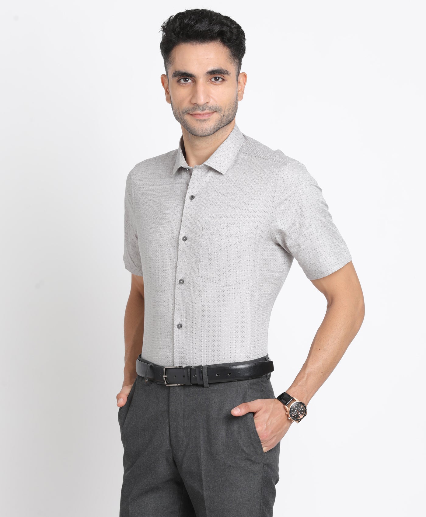 100% Cotton Grey Printed Regular Fit Half Sleeve Formal Shirt