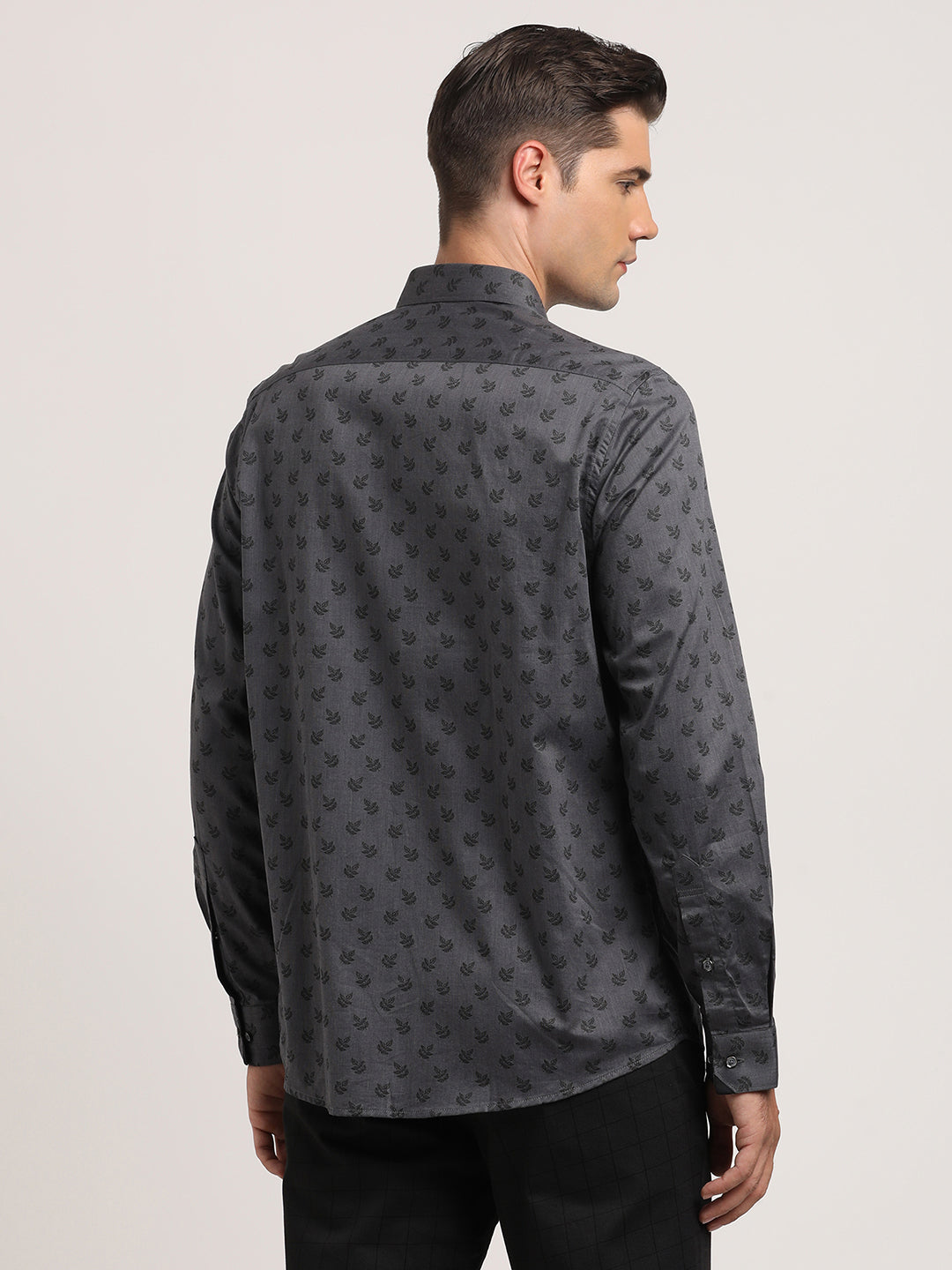 100% Cotton Charcoal Grey Printed Slim Fit Full Sleeve Ceremonial Shirt