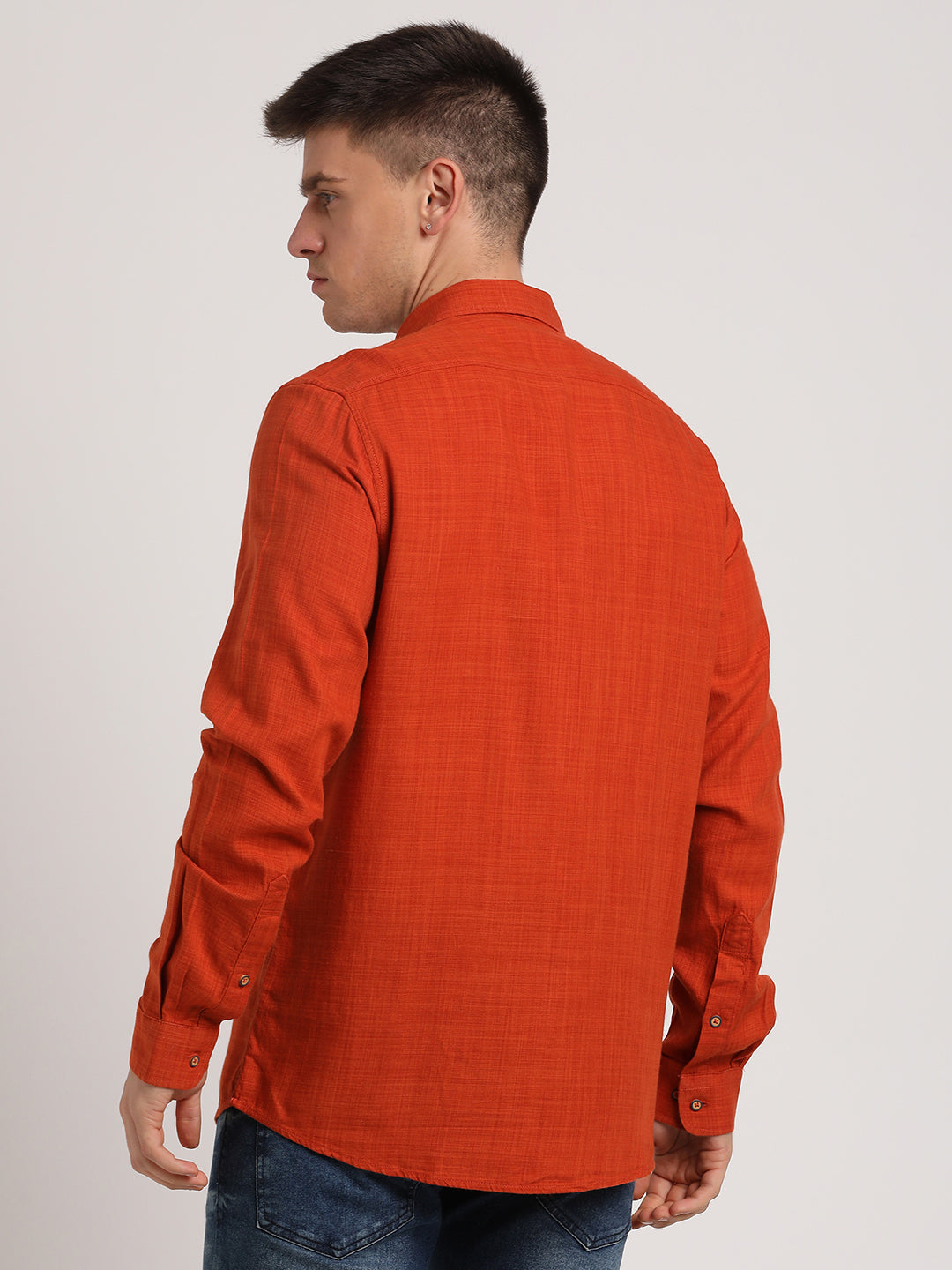 Cotton Lyocell Orange Plain Slim Fit Full Sleeve Casual Shirt