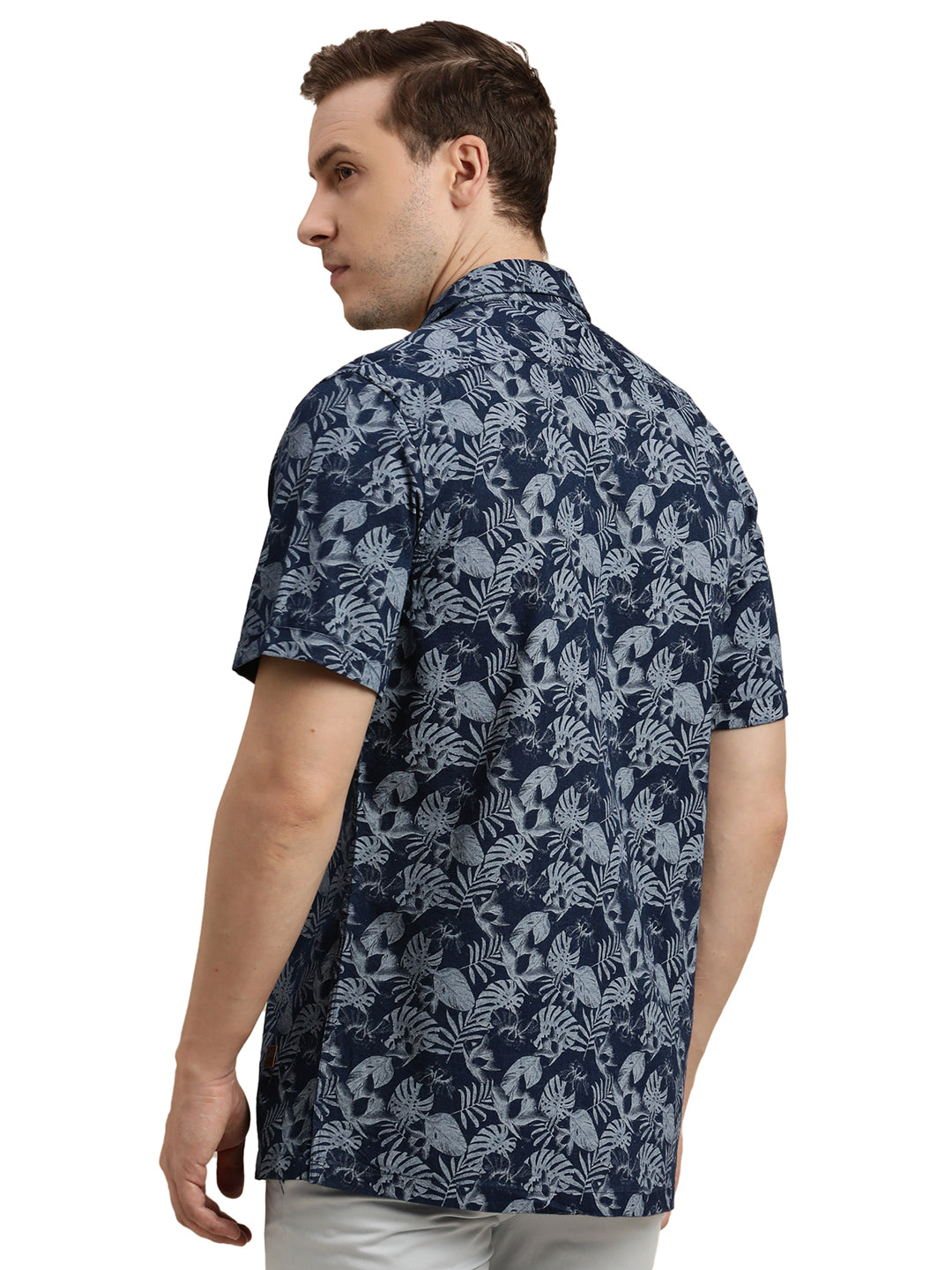 100% Cotton Indigo Navy Blue Printed Slim Fit Half Sleeve Casual Shirt