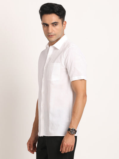 Cotton Linen White Plain Half Sleeve Formal Shirt