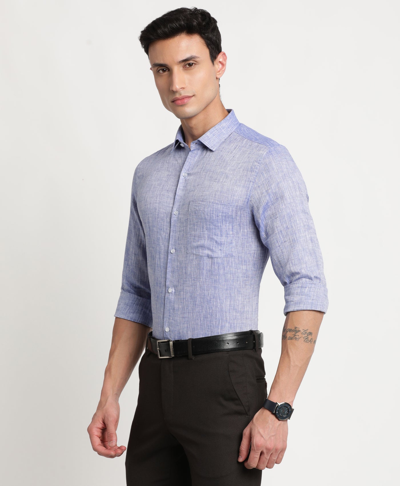Pure Linen Light Blue Plain Slim Fit Full Sleeve Formal Shirt