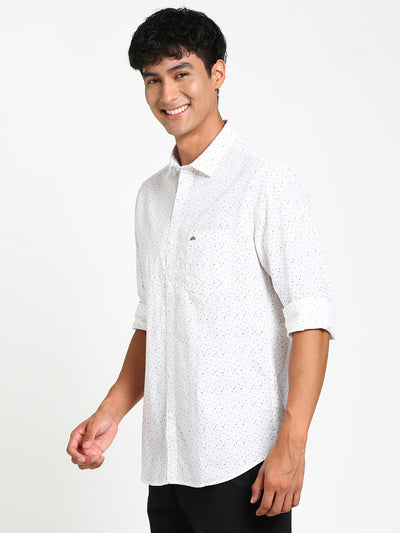 100% Cotton White Printed Slim Fit Full Sleeve Casual Shirt