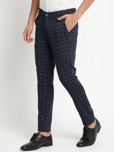 Turtle Men Navy Blue Narrow Fit Checked Casual Trousers