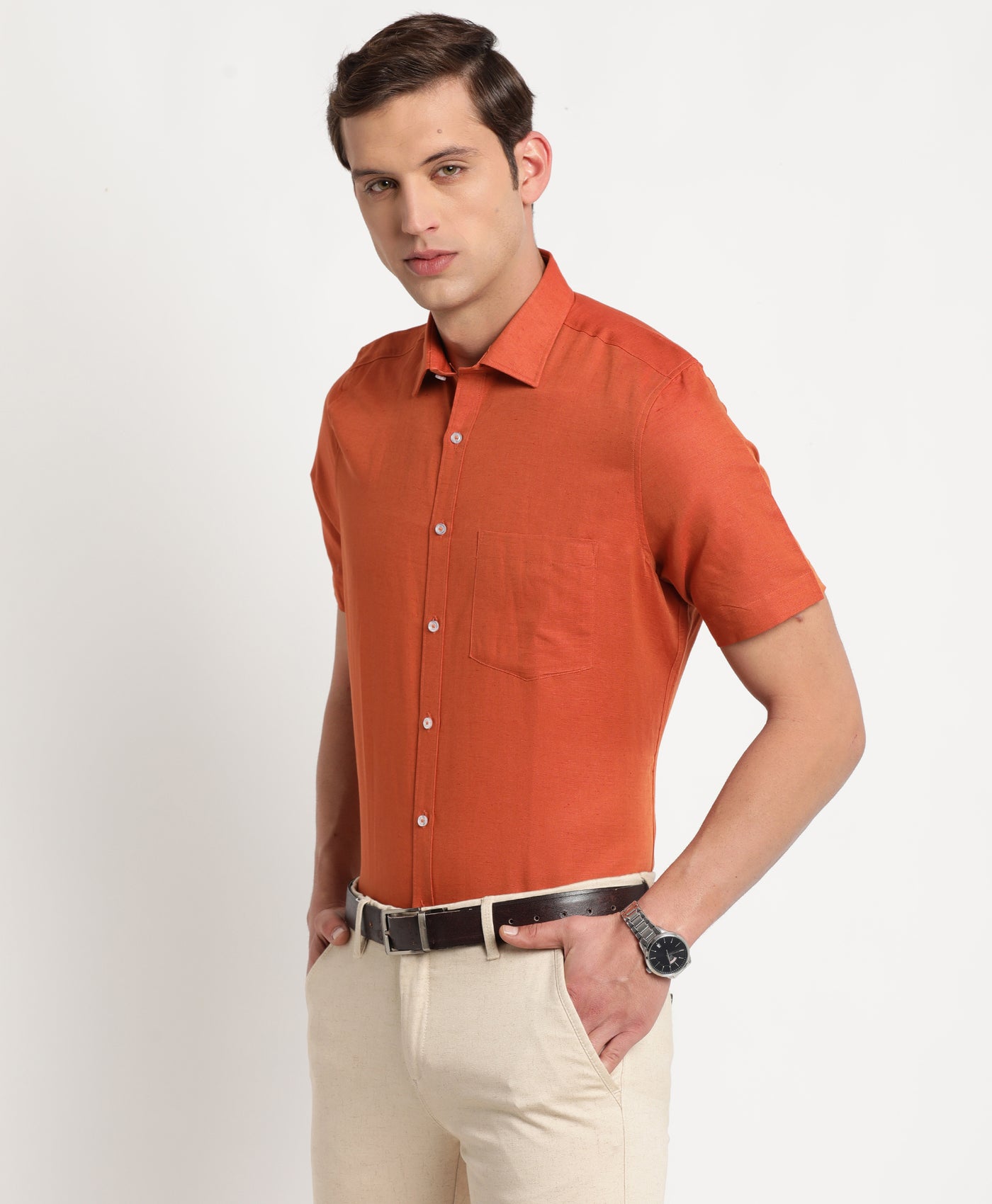 Cotton Linen Rust Plain Regular Fit Half Sleeve Formal Shirt