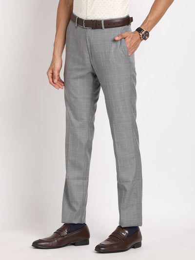 Poly Viscose Stretch Smokey Grey Checkered Slim Fit Flat Front Formal Trouser