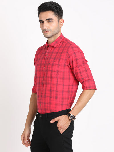 100% Cotton Red Checkered Slim Fit Full Sleeve Casual Shirt