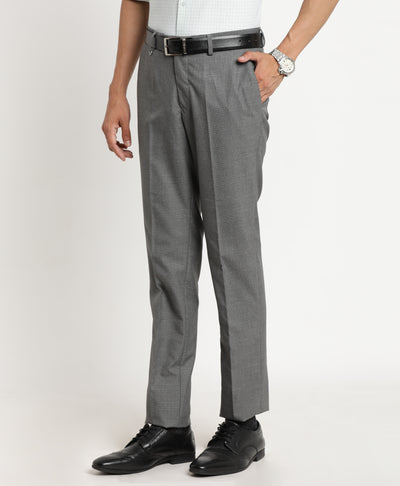 Poly Viscose Grey Checkered Slim Fit Flat Front Formal Trouser