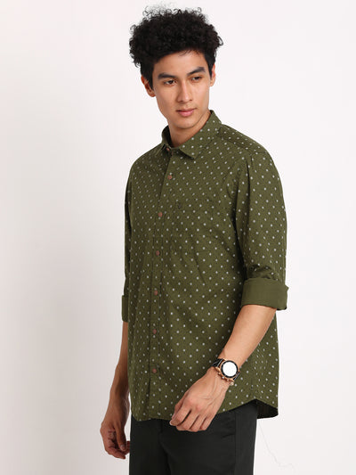 100% Cotton Dark Green Printed Slim Fit Full Sleeve Casual Shirt