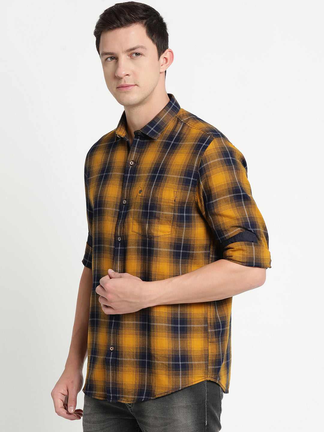 100% Cotton Yellow Checkered Slim Fit Full Sleeve Casual Shirt