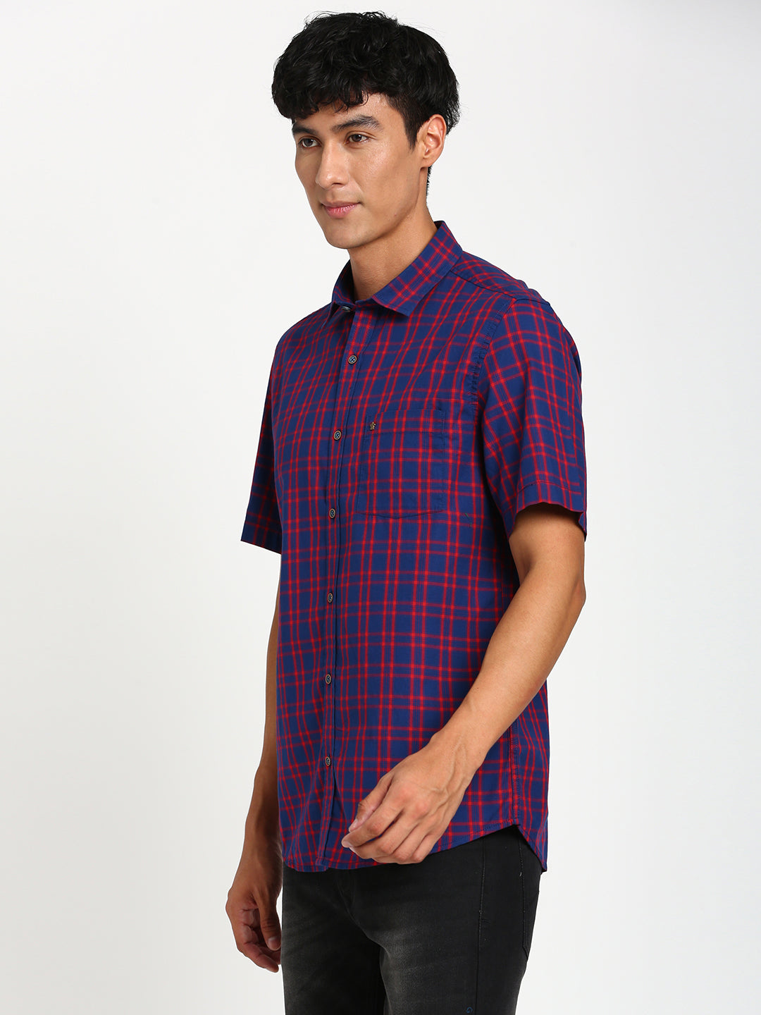 100% Cotton Navy Blue Checkered Slim Fit Half Sleeve Casual Shirt