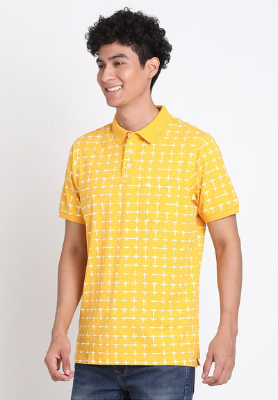 Cotton Stretch Yellow Printed Polo Neck Half Sleeve Casual T-Shirt