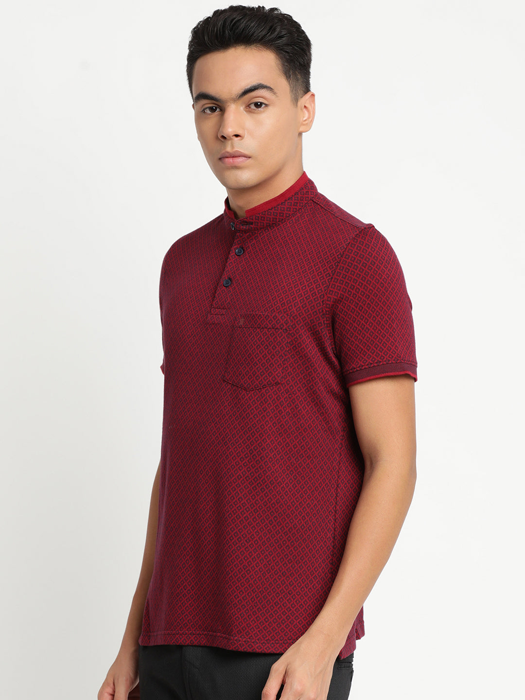 100% Cotton Maroon Dobby Polo Neck Half Sleeve Casual T-Shirt