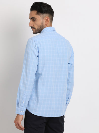 100% Cotton Sky Blue Checkered Slim Fit Full Sleeve Casual Shirt