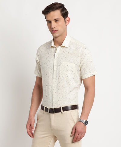 Cotton Linen Cream Printed Regular Fit Half Sleeve Formal Shirt