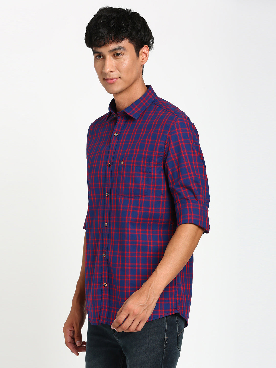 100% Cotton Navy Blue Checkered Slim Fit Full Sleeve Casual Shirt