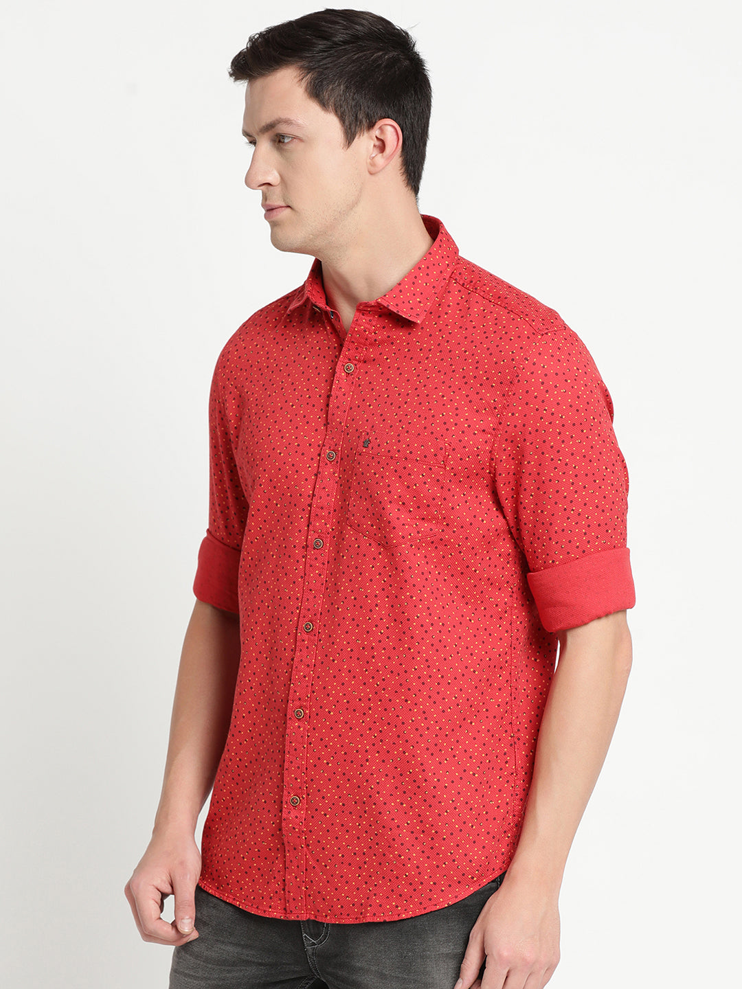 100% Cotton Red Printed Slim Fit Full Sleeve Casual Shirt