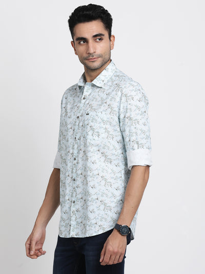 100% Cotton Sky Blue Printed Slim Fit Full Sleeve Casual Shirt