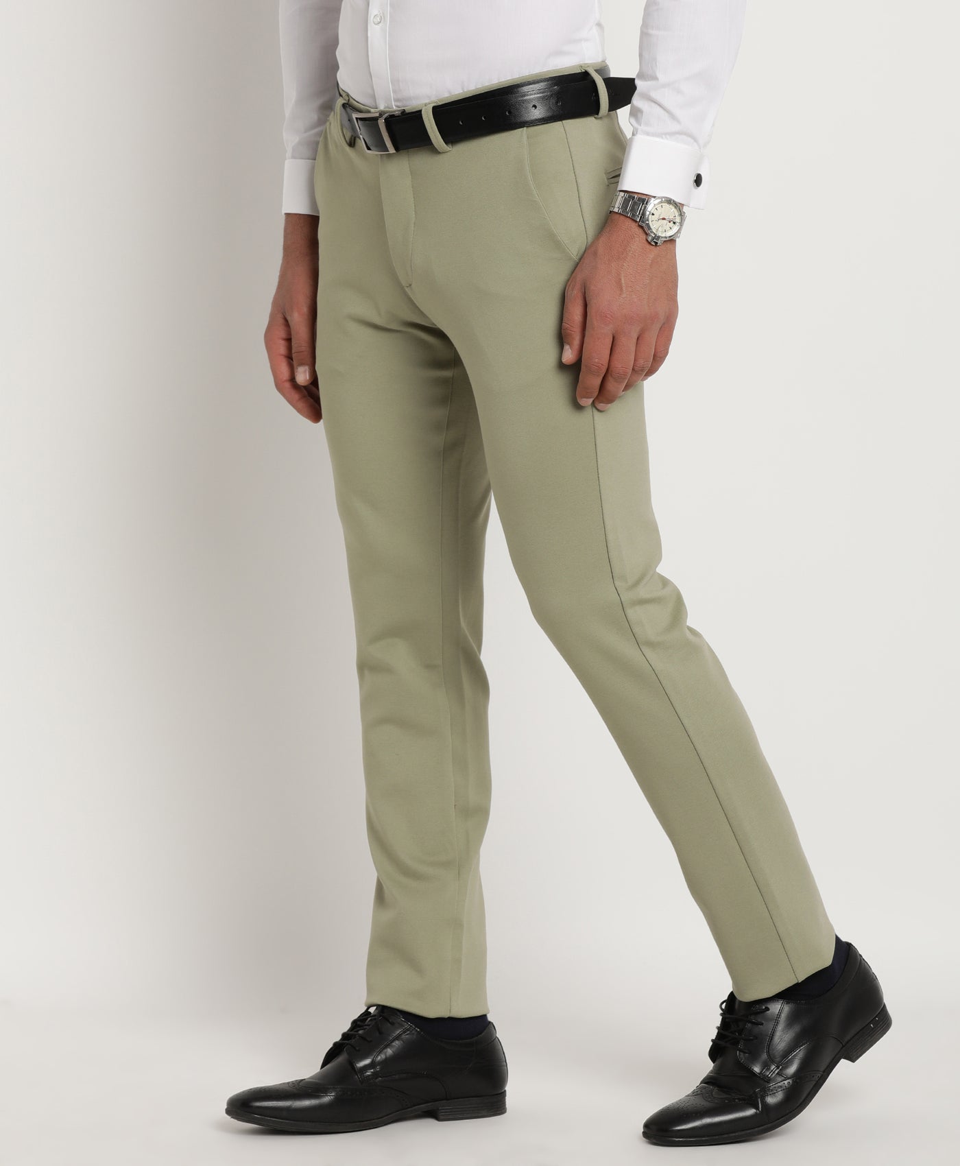 Cotton Stretch Pista Green Plain Ultra Slim Fit Flat Front Casual Trouser