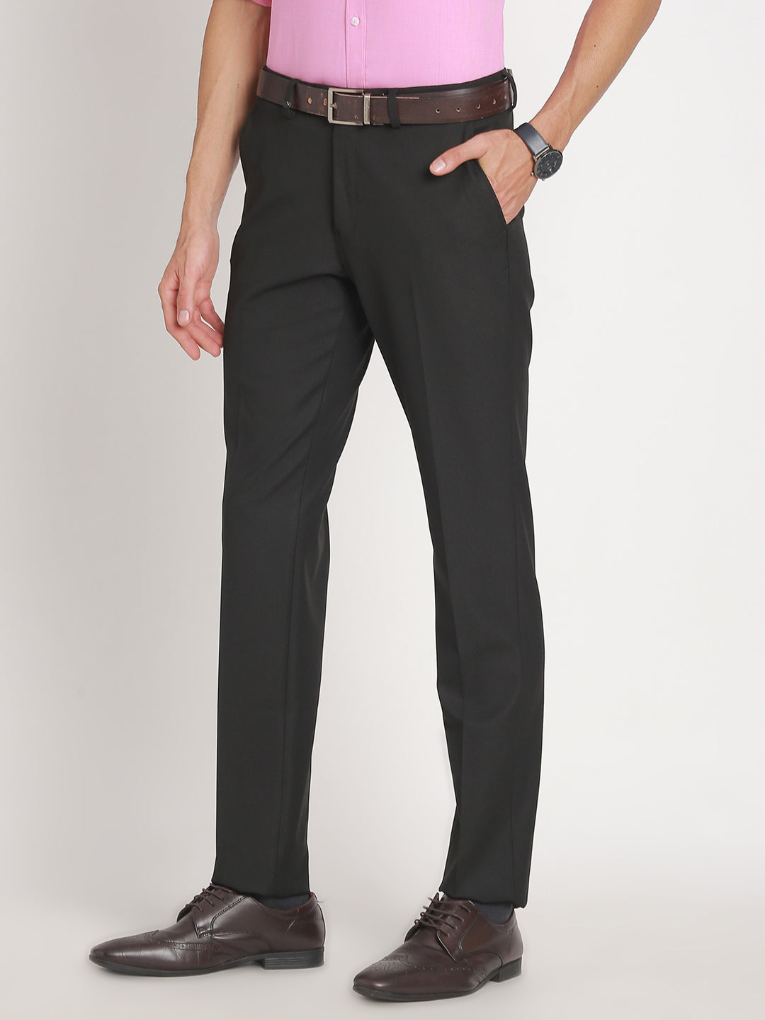 Cotton Stretch Charcoal Dobby Slim Fit Flat Front Formal Trouser