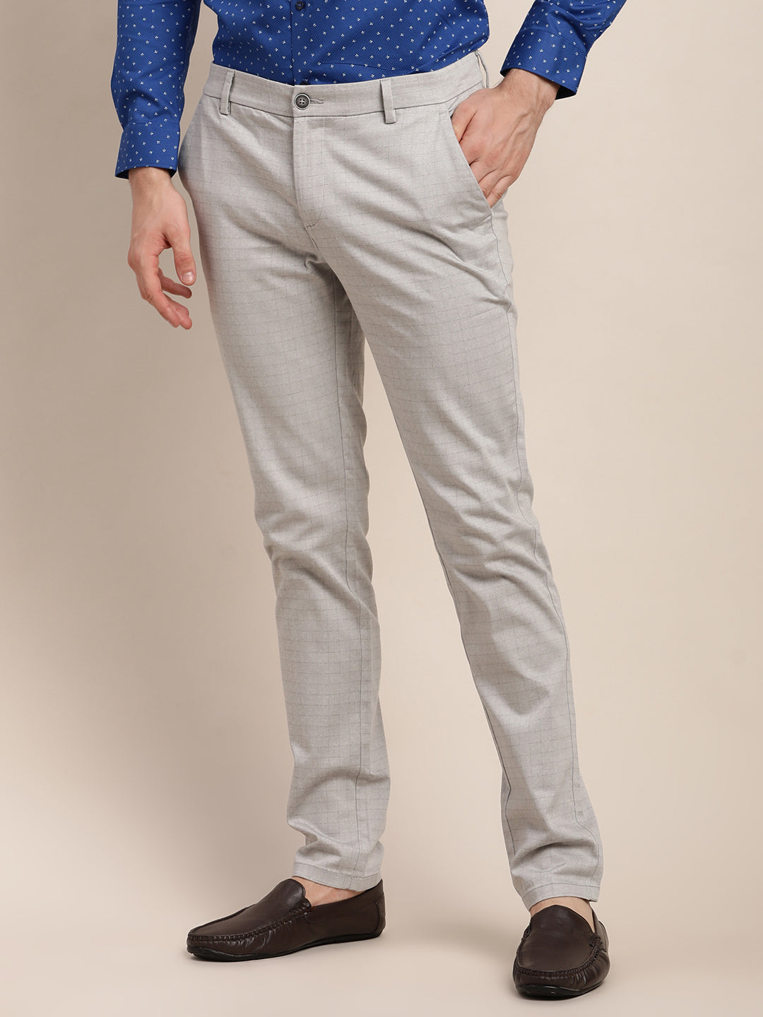 Cotton Stretch Grey Printed Narrow Fit Flat Front Casual Trouser