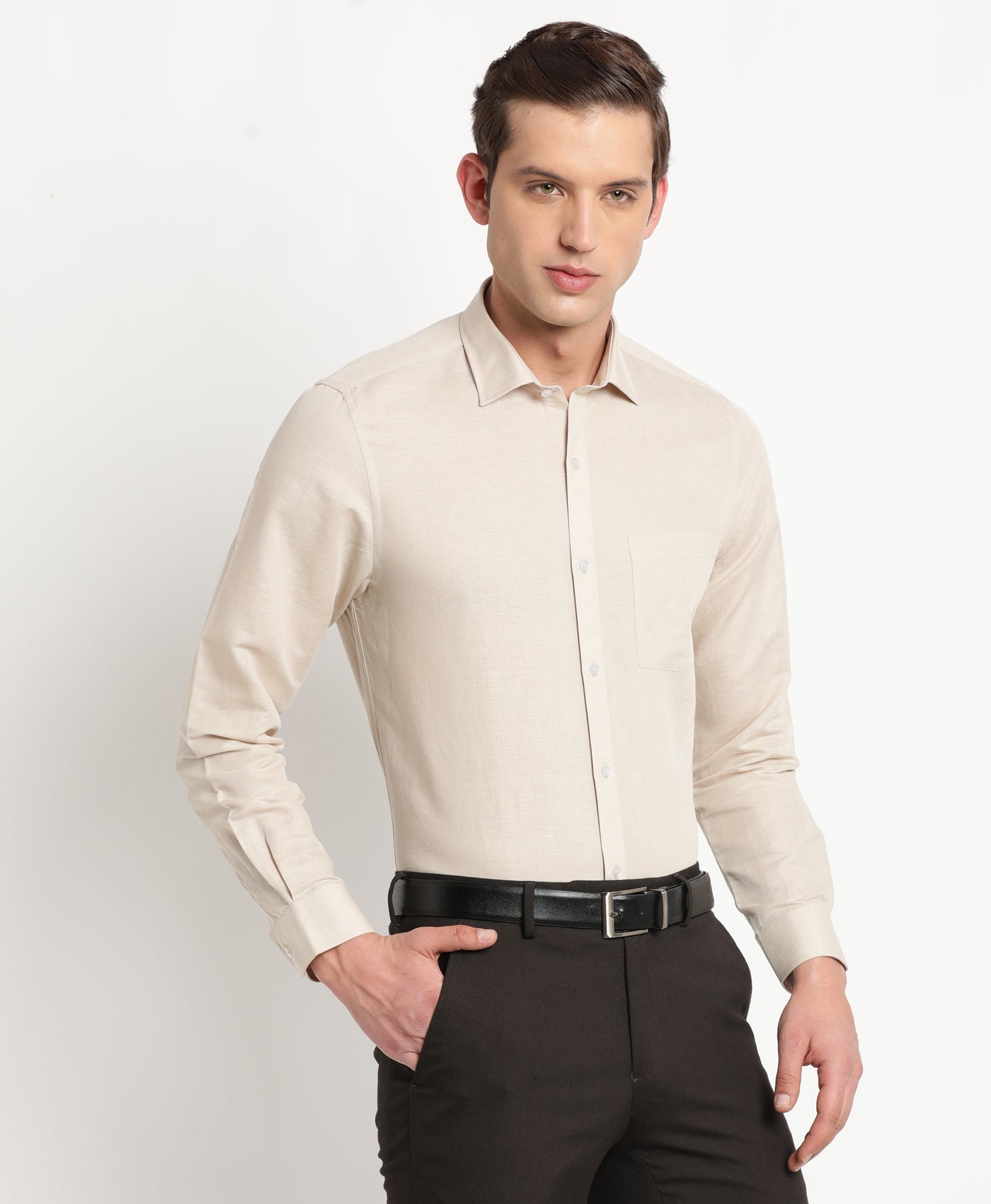 Cotton Linen Beige Plain Slim Fit Full Sleeve Formal Shirt