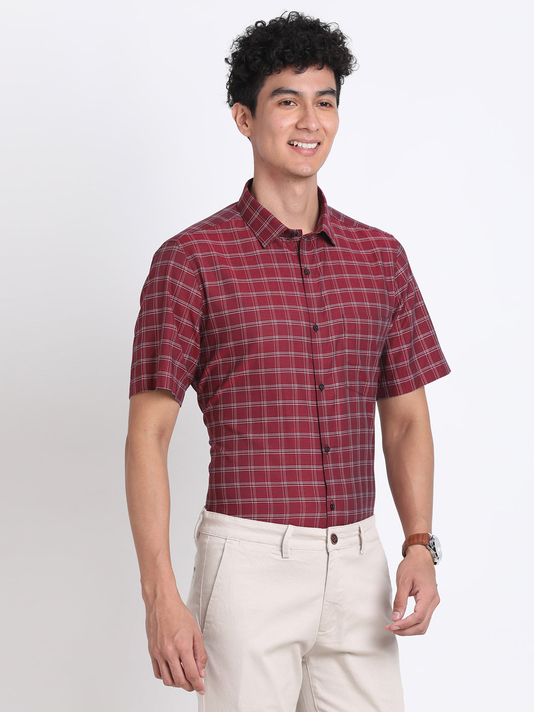 100% Cotton Maroon Checkered Regular Fit Half Sleeve Formal Shirt