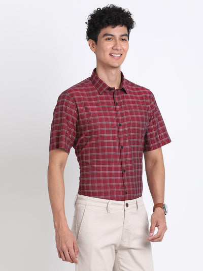 100% Cotton Maroon Checkered Regular Fit Half Sleeve Formal Shirt