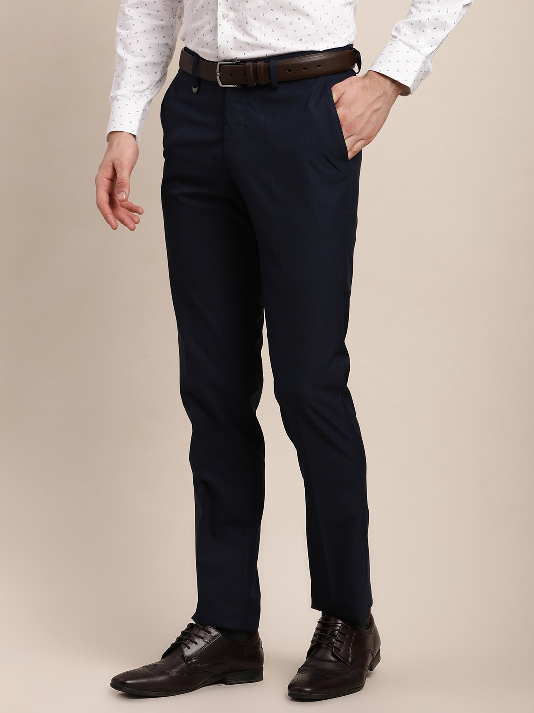 Poly Viscose Navy Checkered Slim Fit Flat Front Formal Trouser