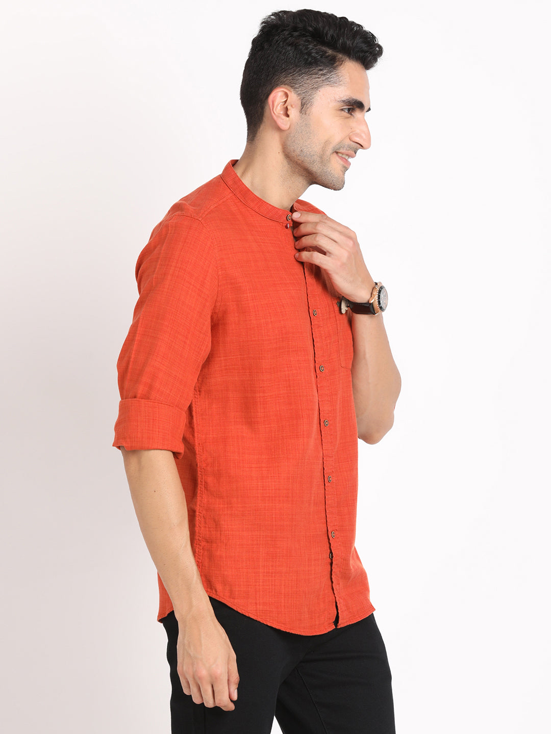 Cotton Lyocell Orange Plain Slim Fit Full Sleeve Casual Shirt