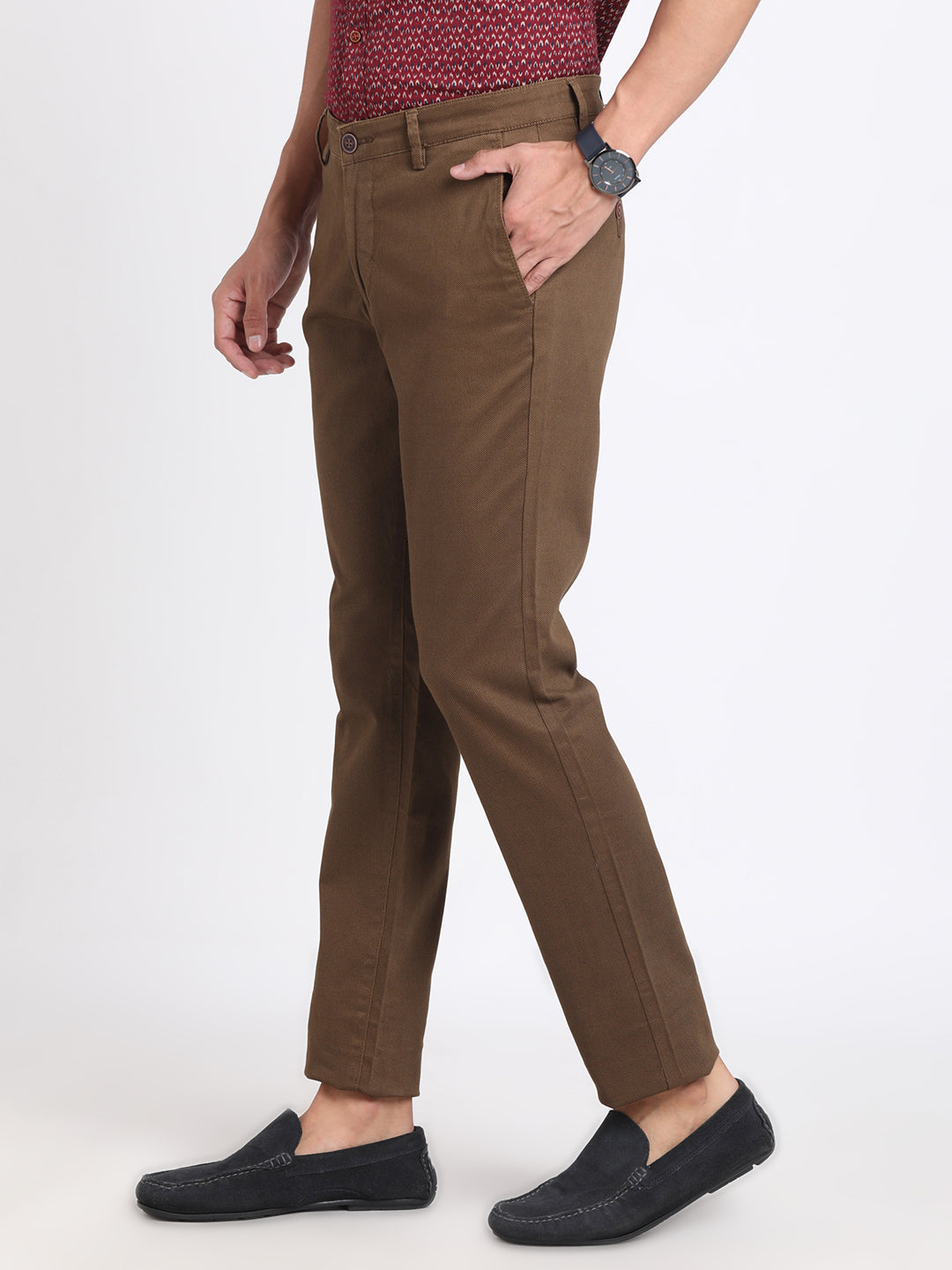 Cotton Stretch Brown Dobby Narrow Fit Flat Front Casual Trouser