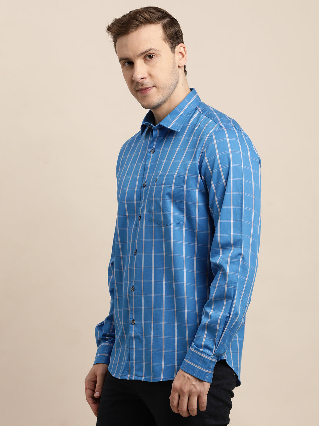 100% Cotton Blue Checkered Slim Fit Full Sleeve Casual Shirt