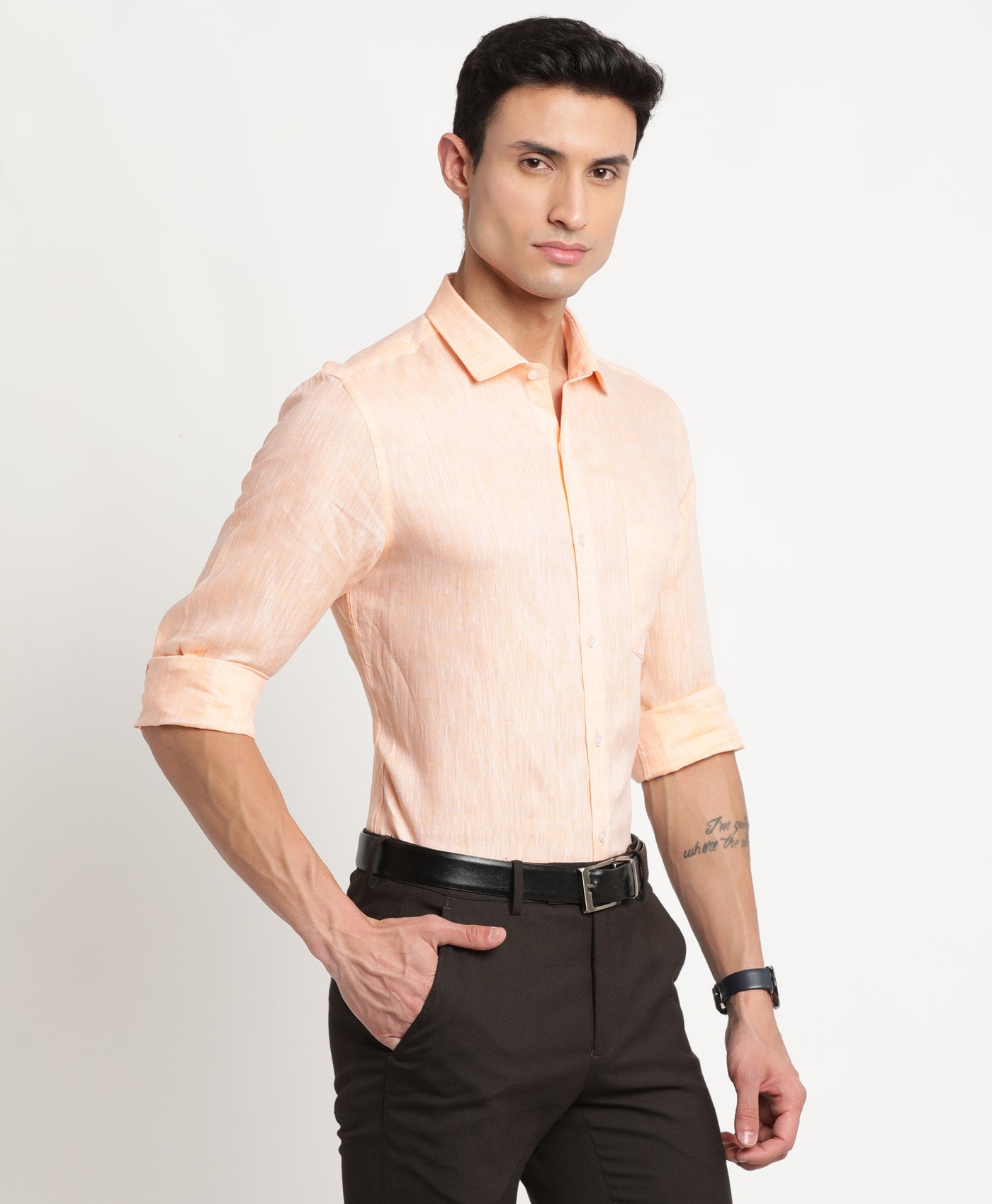 Pure Linen Peach Plain Slim Fit Full Sleeve Formal Shirt