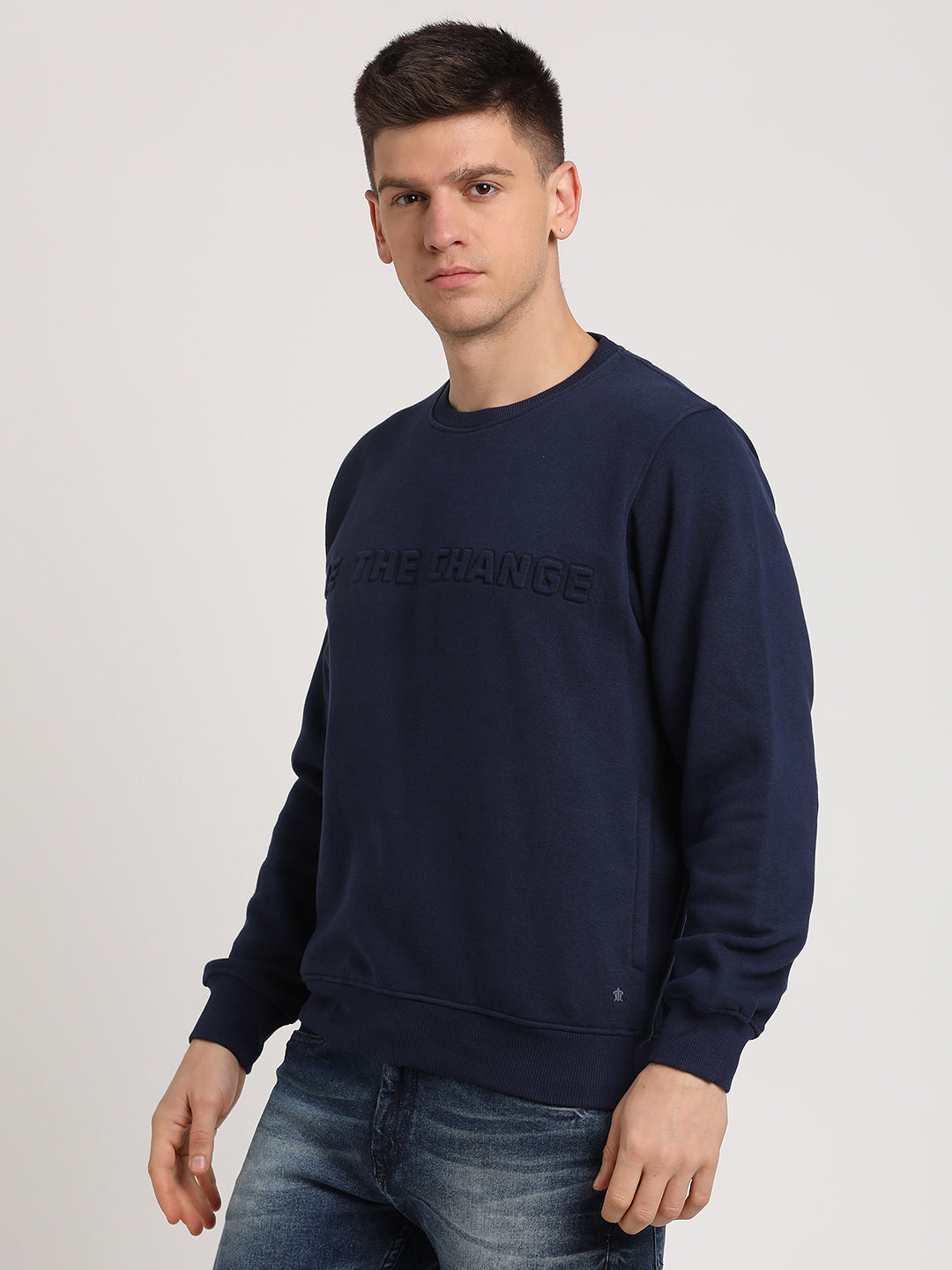 Cotton Navy Printed Regular Fit Full Sleeve Casual Sweatshirt