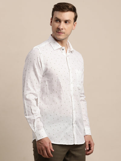 Cotton Linen White Printed Slim Fit Full Sleeve Formal Shirt